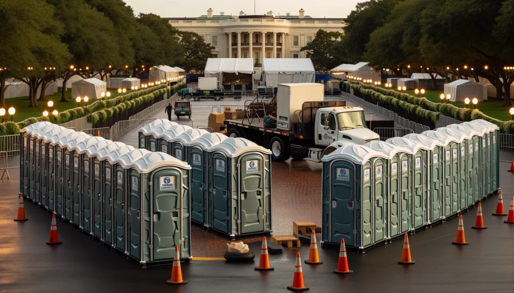Festival porta potty bank with barricades in Joplin, Missouri